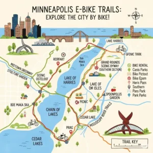 An illustrated map highlighting popular electric bikes minneapolis trails and paths, such as the Chain of Lakes.