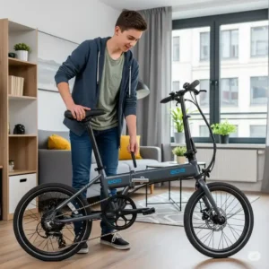 A teenager easily folding a compact electric bike for teens, demonstrating the convenience and portability for storage in small spaces or carrying on public transport.

