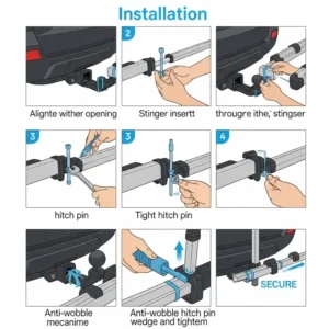 A step-by-step illustration demonstrating the process of installing a hitch 5 bicycle carrier onto a vehicle's receiver, focusing on secure attachment.