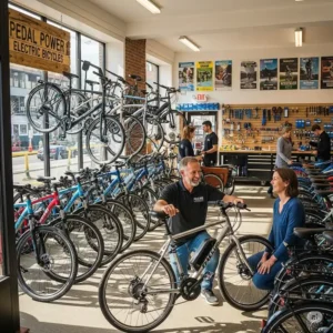 The interior of a local New England bike shop, featuring a wide selection of electric bikes of new england for sale.