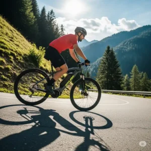 a rider climbing a hill on a 52 volt electric bike