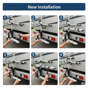 A step-by-step diagram showing the process of installing a new rv bike rack.