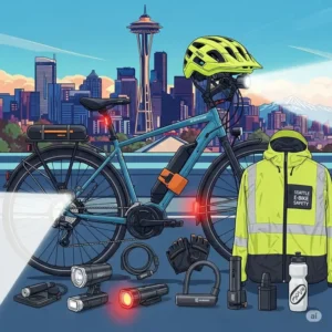 An illustration depicting essential safety gear for riding a seattle e bike, including a helmet, lights, reflective clothing, and a sturdy lock. The image promotes safe riding practices for all seattle e bike enthusiasts.