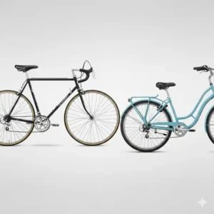A side-by-side comparison of a traditional diamond-frame bike and a womens step through bike, highlighting the difference in frame design.