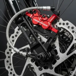 A close-up view of the powerful hydraulic disc brakes, ensuring reliable stopping power for a 1500w electric bike.