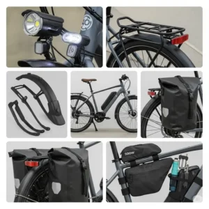 Various accessories for a 500w e bike, including lights, a rear rack, and fenders, demonstrating how to customize the bike for different uses.