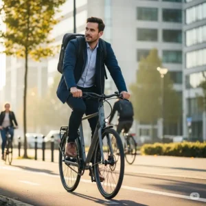 An image of a professional commuting to work with a backpack on a reliable belt drive commuter bike, perfect for daily travel without worry.