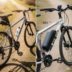 A visual comparison showing how a standard bicycle can be converted into a powerful 48v ebike with a conversion kit.
