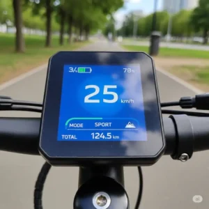 A close-up of a digital display on an electric bike's handlebars, showing the current speed, battery level, and mileage, highlighting the smart features available for teens.