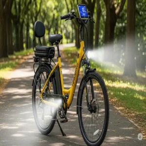 An electric bike for senior citizen with safety features, such as bright LED lights, responsive brakes, and a sturdy rear rack.