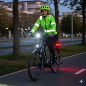 A woman wearing a helmet and high-visibility jacket while riding an e-bike with integrated front and rear lights. This image focuses on safety features crucial for women’s electric bikes.