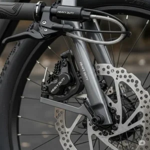 A close-up of hydraulic disc brakes on electric bikes for heavy riders, designed for superior stopping power.