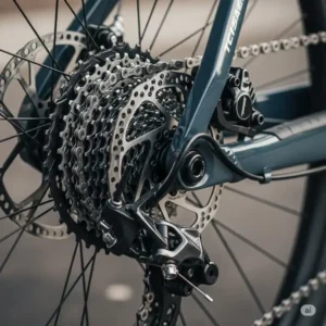 A detailed view of the high-end components on a best full suspension ebike, including the drivetrain and brakes.
