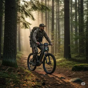 A hunter using their electric bike to quickly and quietly scout a remote, hard-to-reach hunting location, highlighting its effectiveness for pre-season scouting, making it the best electric bikes for hunting.