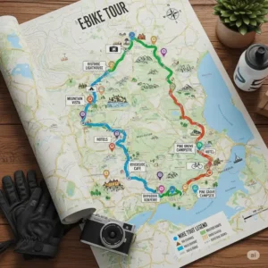 A simple map showing a well-planned route for an ebike tours, with markers for key attractions and rest stops, indicating a well-organized adventure.