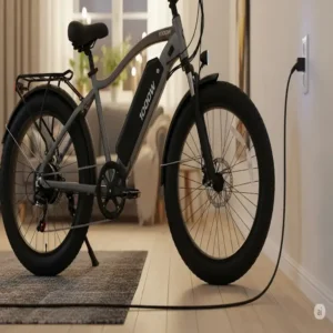An image of an electric bicycle 1000w being charged at home, with the charger plugged into a standard wall outlet.