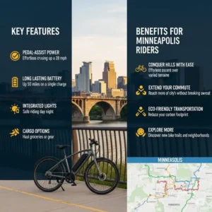 An infographic illustrating key features and benefits of electric bikes minneapolis, such as pedal-assist and battery range.