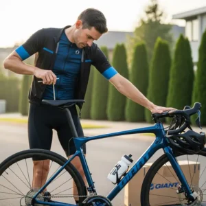 A cyclist adjusting the saddle height on their new Giant road bike before a long ride.