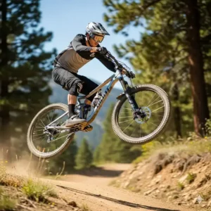 An action shot of a mountain biker catching air off a small jump on a Giant Trance, demonstrating the bike's playful nature and how it handles aggressive riding.