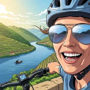 A close-up illustration of a person with a wide smile, enjoying the effortless ride of their douro river ebike along the stunning river.