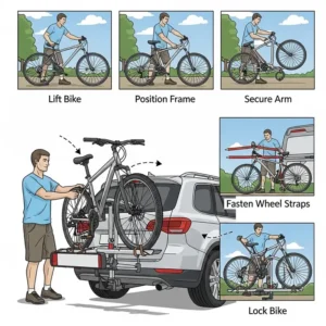 An illustration showing a person loading a bicycle onto a 5 bicycle carrier, providing a visual guide on how to properly secure a bike for safe transport.