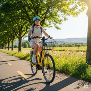A happy rider on an affordable electric bike, enjoying a leisurely ride on a sunny day.