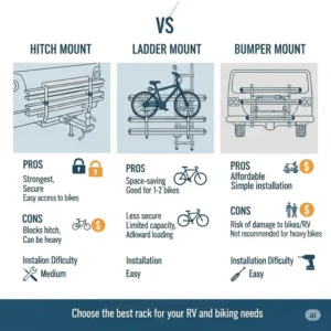 n infographic comparing different types of rv bike rack, including hitch, ladder, and bumper mounts.