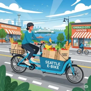A cheerful illustration of a person on a cargo e-bike, with bags of groceries securely stowed. The image demonstrates the utility of using a seattle e bike for running errands, shopping at local markets, and reducing reliance on a car.