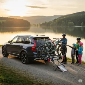 A wide shot of a family's SUV parked near a lake with their electric bikes, ready for a ride, secured on their e bike rack with ramp.