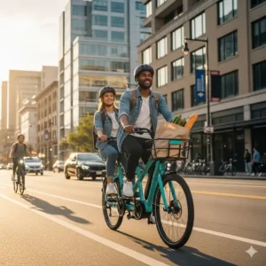 A vibrant image of a 2-person electric bike navigating city streets, demonstrating its versatility and ease of use in an urban environment for daily commutes or errands.