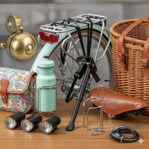 Various accessories for a women's step-through bike, such as a bell, rear rack, and kickstand.