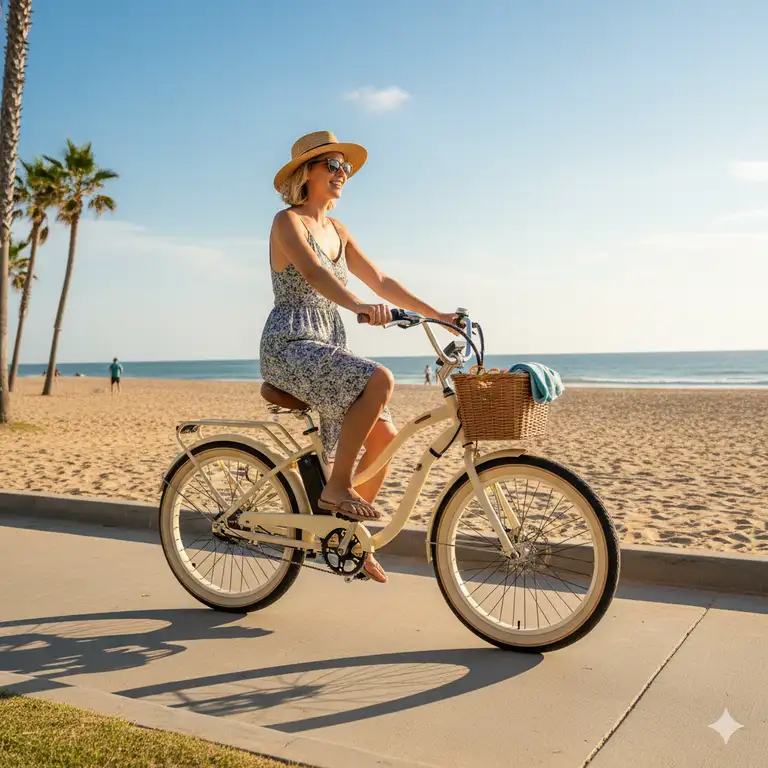 A person riding a classic-style electric beach cruiser with wide tires and a comfortable, upright seating position on a coastal path near the ocean.best electric beach cruiser
