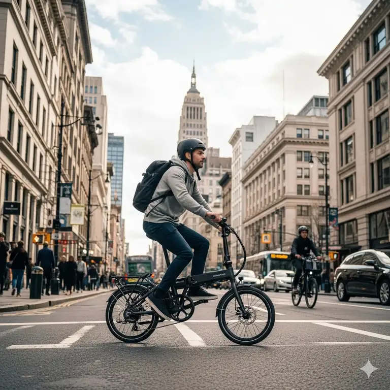 A person riding a stylish, compact black foldable e-bike through a busy city street, with a backpack on and a helmet on their head.best foldable ebikes