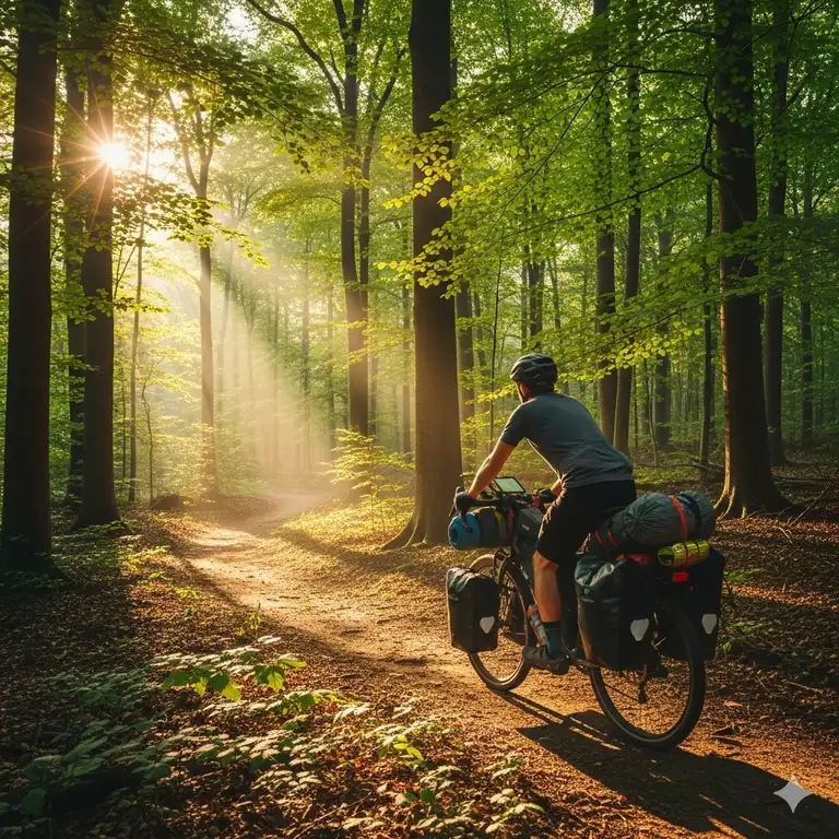 A person on a camping bike with panniers and a tent attached, riding through a scenic forest at sunrise. The image captures the essence of a multi-day bike-packing adventure.