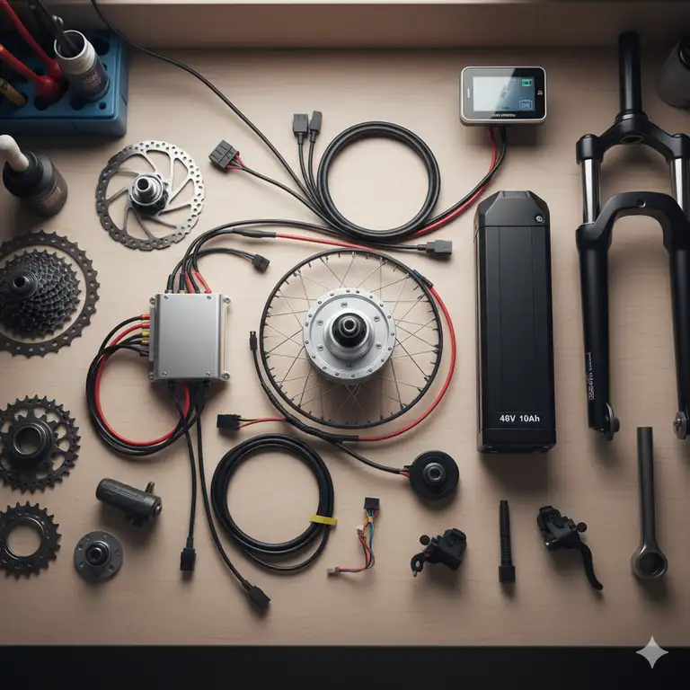 A comprehensive display of essential e bicycle parts, including the motor, battery, controller, and various sensors, laid out for easy identification and maintenance.