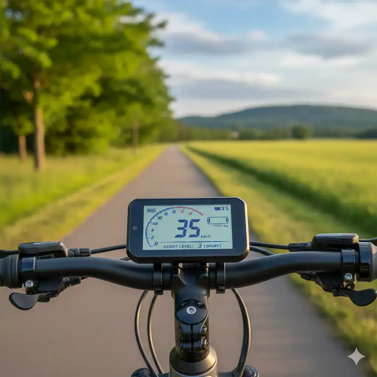 Close-up view of a modern e-bike display showing speed, battery life, and assist level on a scenic bike path.