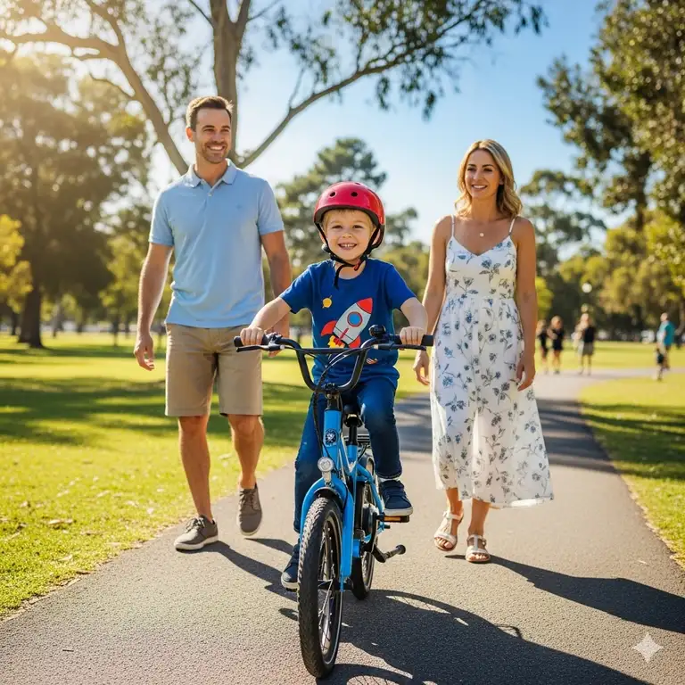 A happy child riding an e-bikes for kids on a sunny day in the park.