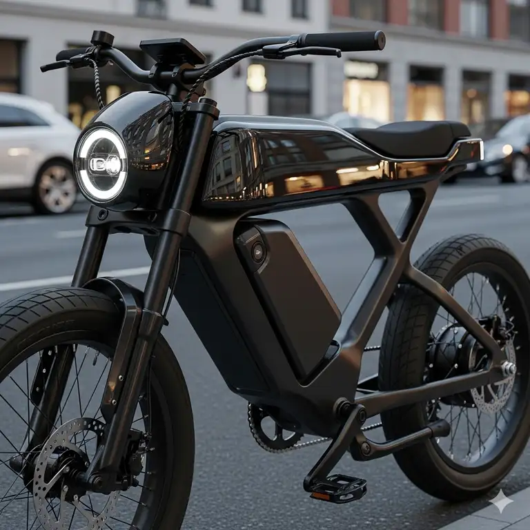 A close-up shot of a sleek, black electric bike with a design that mimics a modern motorcycle, parked on a city street.e bikes that look like motorcycles