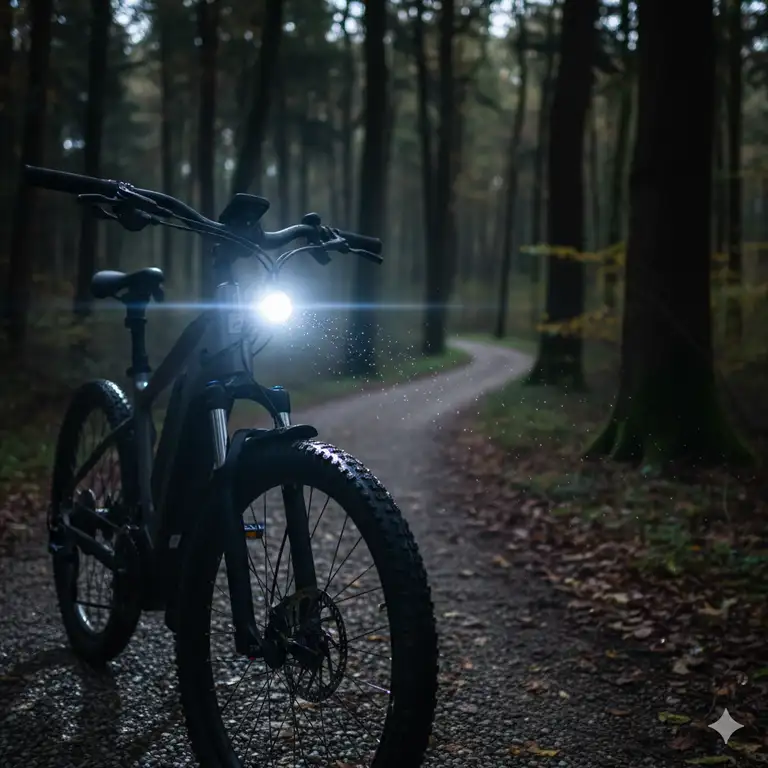 Bright electric bicycle headlight illuminating a path, showcasing its powerful beam and modern design.