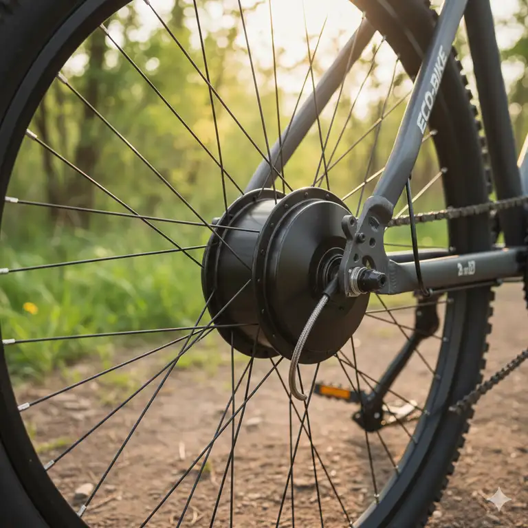 Close-up of an electric bicycle hub motor integrated into a rear wheel, showcasing its sleek design and enhancing the bike's performance.