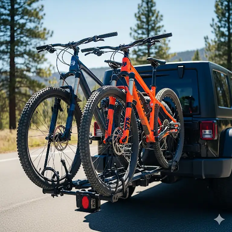A close-up shot of a hitch-mounted jeep bike rack securely holding two mountain bikes on the back of a black Jeep Wrangler.