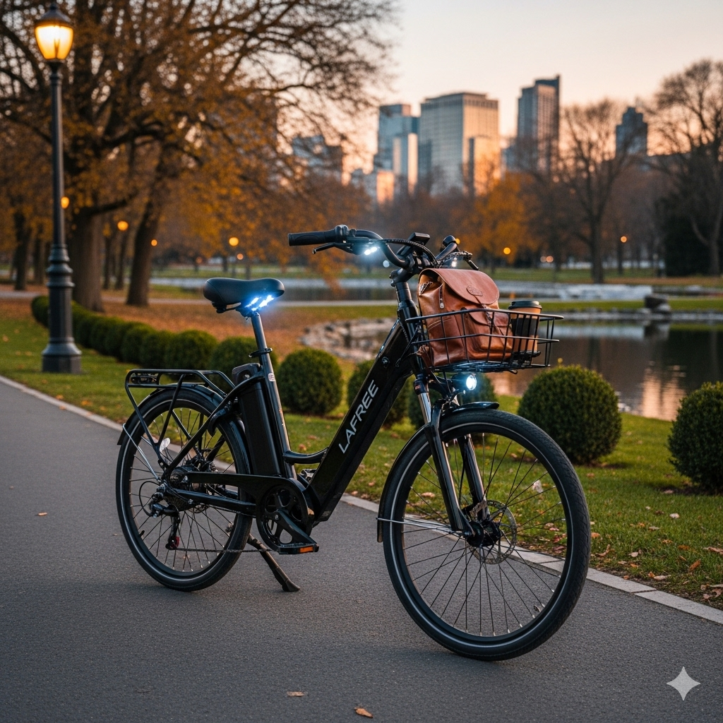 A sleek Lafree electric bike with a front basket and integrated lights, parked in a scenic urban park.