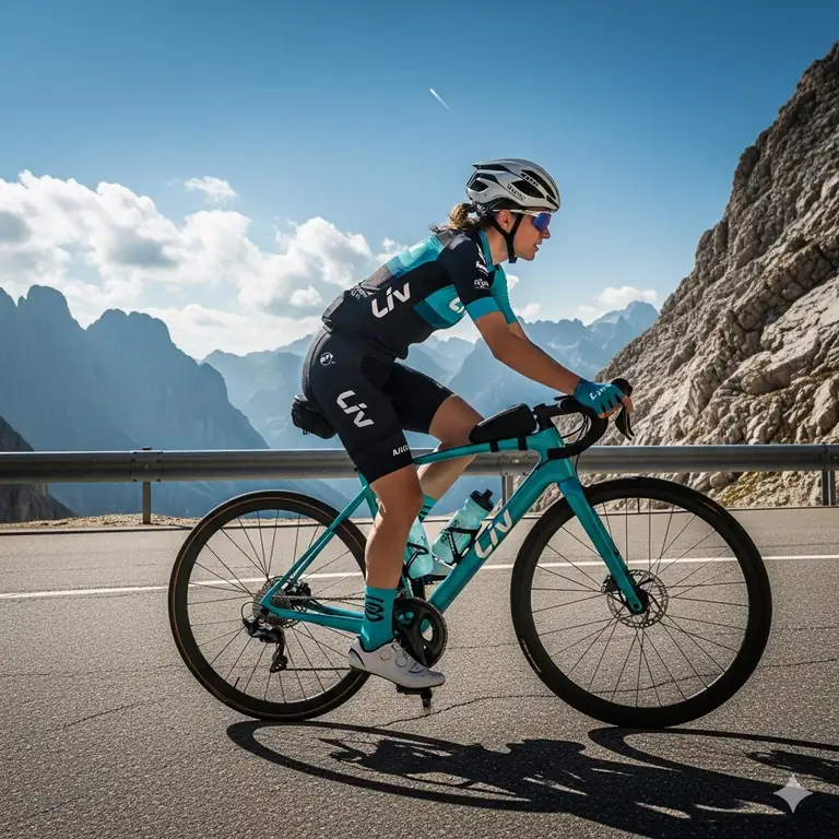 A professional cyclist riding a Liv road bike on a scenic mountain road, showcasing the bike's sleek design and performance.