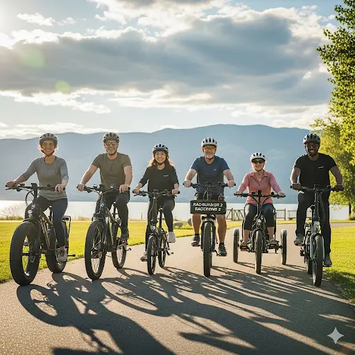 A group of people riding Rad Power Bikes rad electric bicycles, showcasing the brand's popular models in an outdoor setting. The image highlights the versatility and fun of rad electric bicycles for various riders.