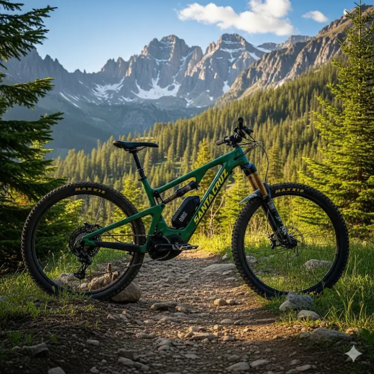 A Santa Cruz e-mountain bike parked on a scenic trail with mountains in the background, showcasing its powerful motor and full suspension for all-terrain riding.