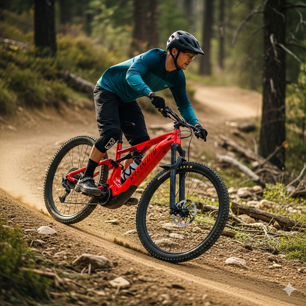 A full-side view of a red Specialized Turbo Levo electric mountain bike with a rider on a dirt trail.