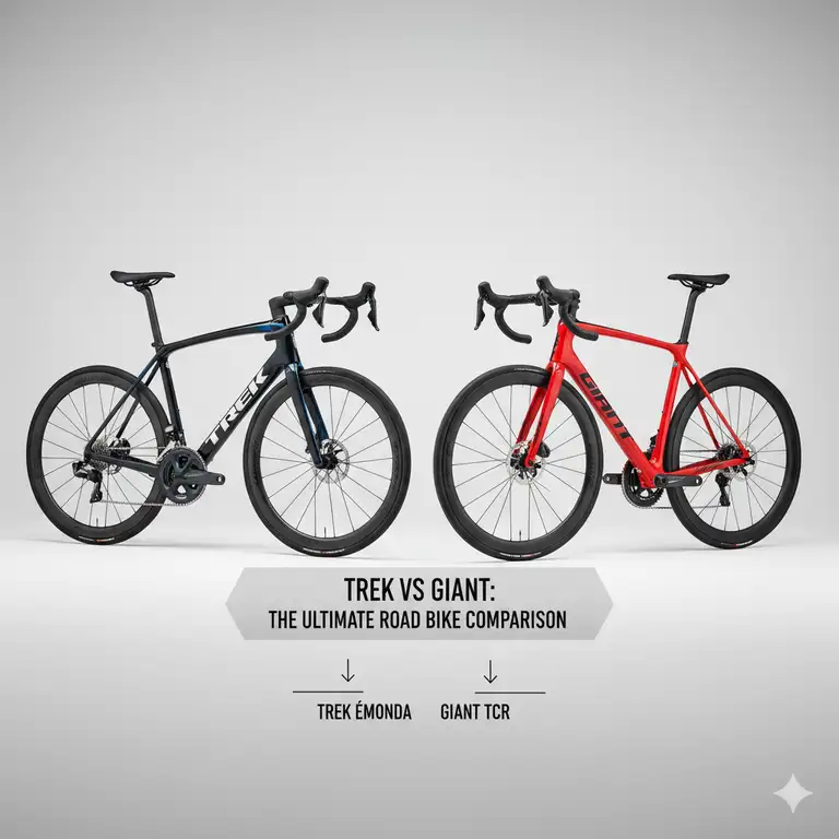 Two high-performance road bikes, a Trek and a Giant, side-by-side, highlighting key differences and similarities in design for an in-depth comparison.trek vs giant