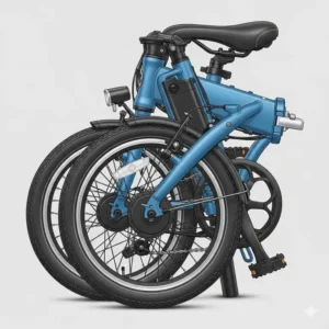 A close-up illustration of a blue foldable e-bike in its fully folded, compact position, highlighting its small size for easy storage.