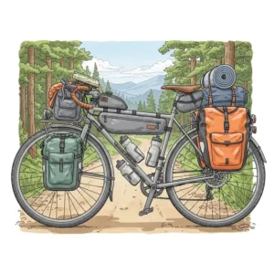 An illustration of a fully-loaded camping bike with front and rear racks, pannier bags, a frame bag, and a handlebar bag, highlighting the complete gear setup for a bike-packing trip.