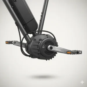 Close-up view of a modern e-bike motor, highlighting either a hub motor integrated into the wheel or a mid-drive motor mounted near the pedals, a critical component for electric e bicycle parts power.